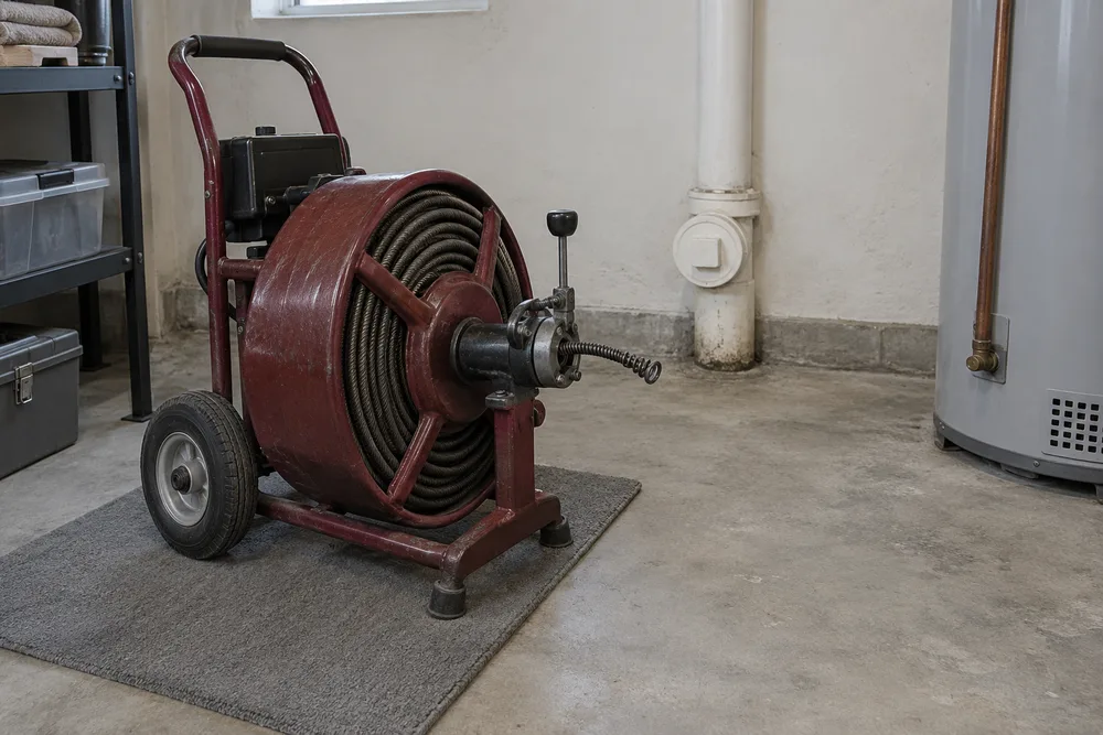 Sewer rodding machine prepared beside a utility-room wall
